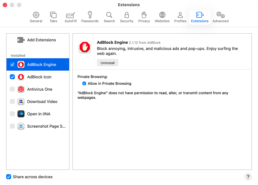 Uninstall unnecessary extensions in Safari Safari browser extensions in macOS