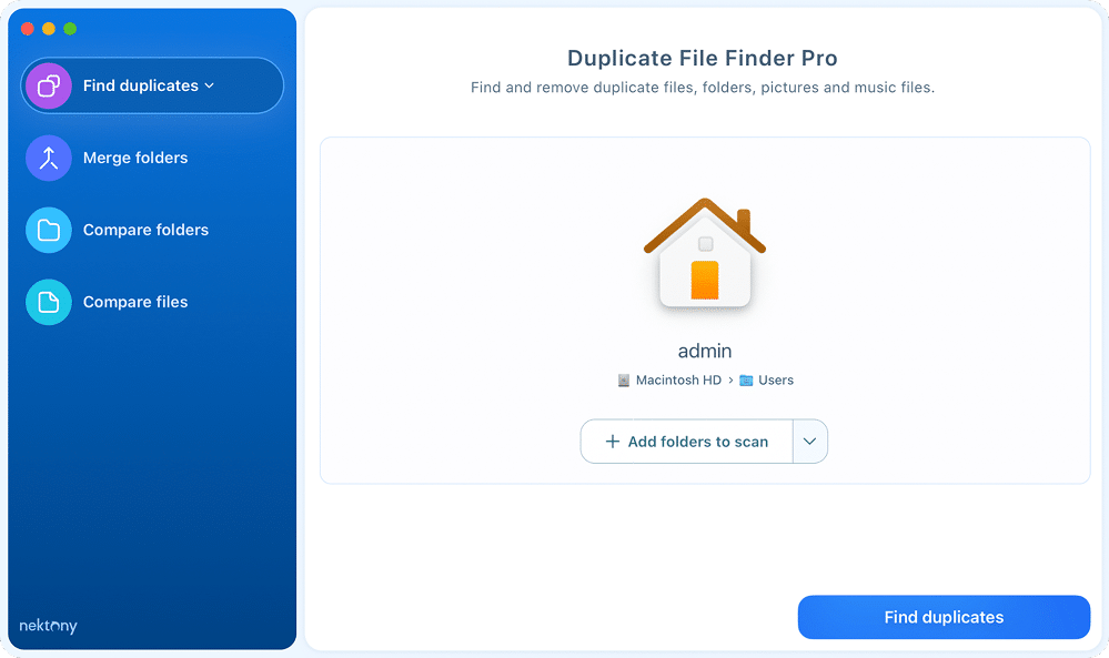 Duplicate File Finder showing the start window with selected items to scan