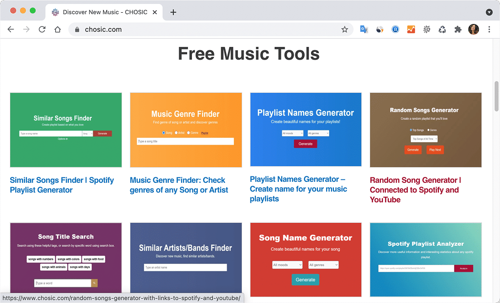 Use the Chosic free music tools to find similar songs website page showing Chosic free music tools