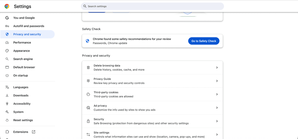 Chrome Privacy and security settings showing Delete browsing data option