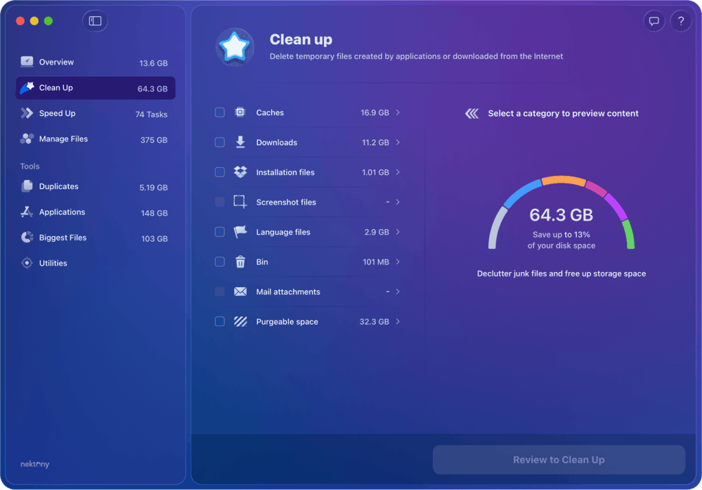 The Clean Up tab reveals possible ways to free up space on your Macbook