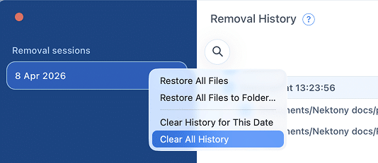 Select Clear All History Clearing removal history