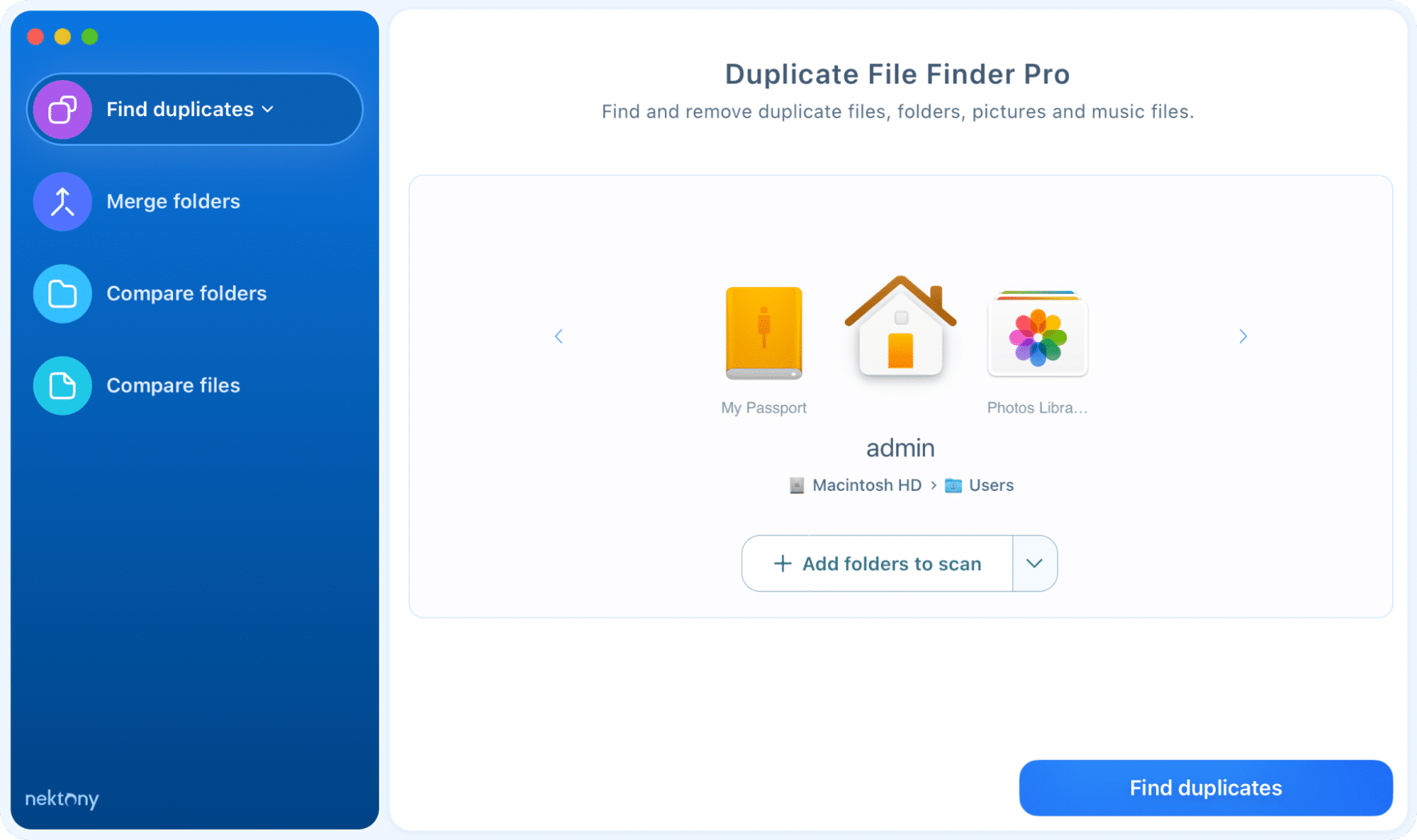 Click Find Duplicates Duplicate File Finder showing folders and disks added for scanning