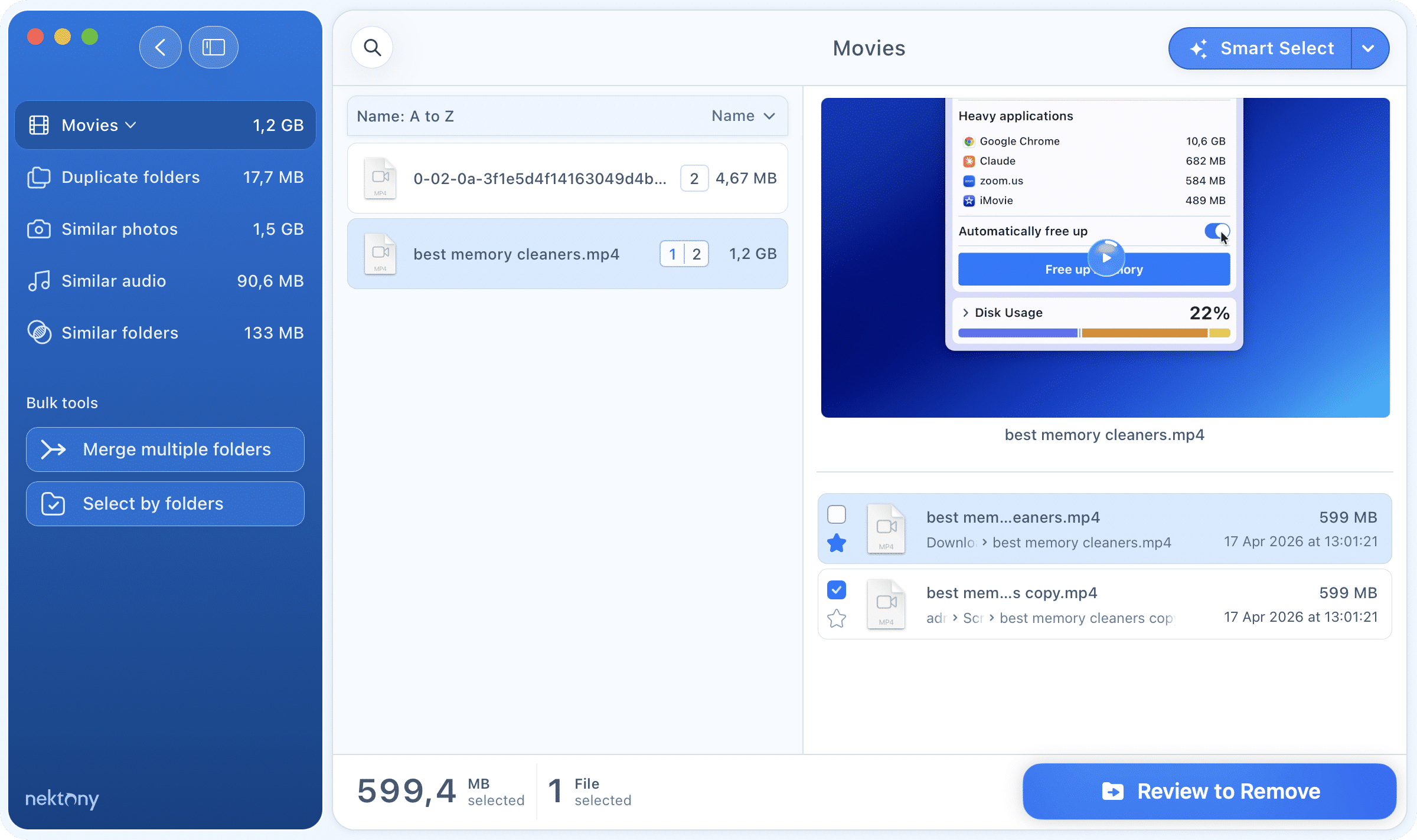 Remove duplicate videos from Mac Duplicate File Finder showing duplicate videos on Mac