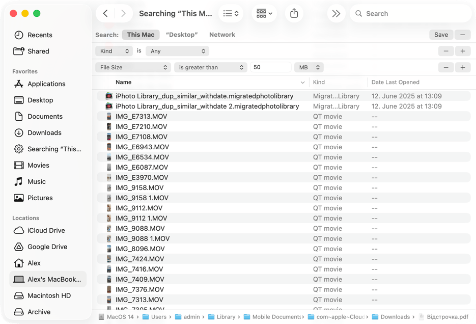 Finder showing search results for files larger than 50 MB