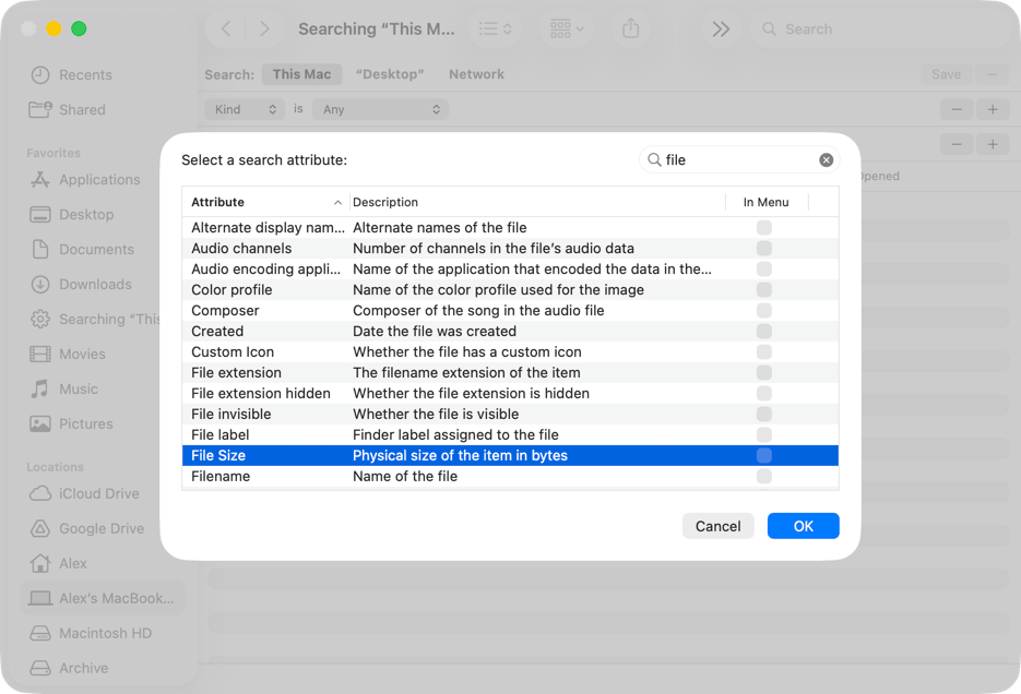 Finder search attribute selector with File Size highlighted