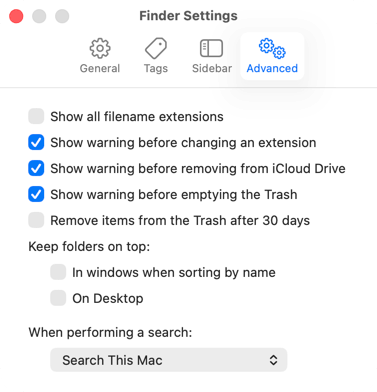 Finder Settings Advanced tab showing Remove items from Trash after 30 days option