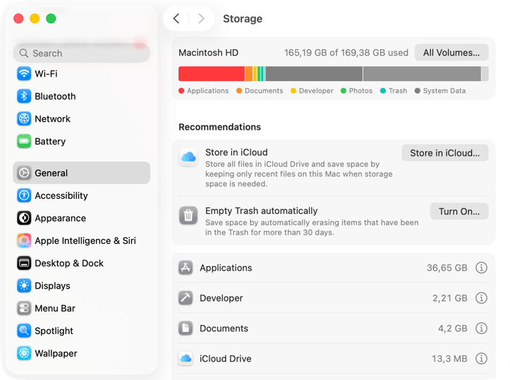 macOS Storage panel showing disk usage by category