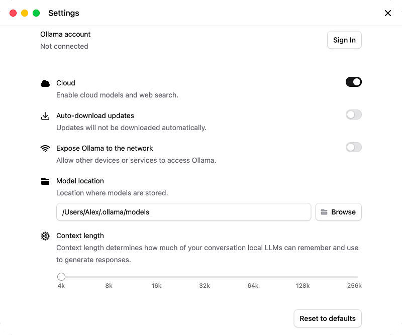 Check or change model storage in Ollama Settings Ollama showing Settings window