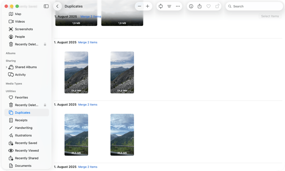 Photos app showing the Duplicates section under Utilities