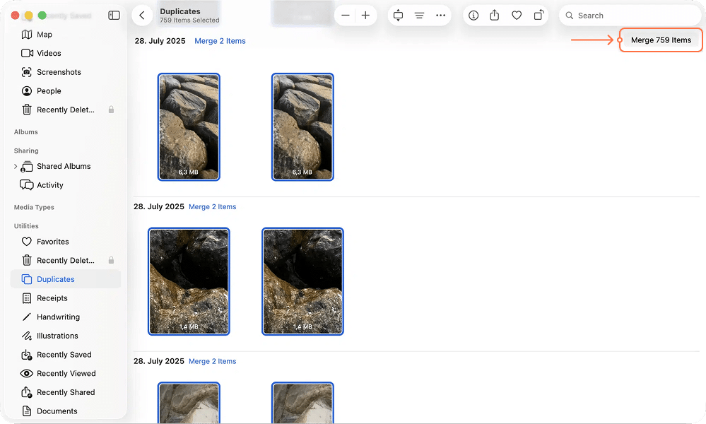 Photos app with all duplicates selected and Merge 759 Items button