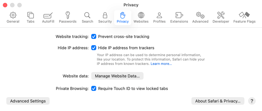 Safari Privacy settings showing the Manage Website Data button