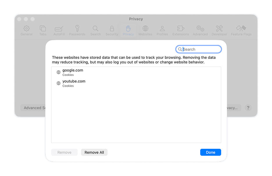 Safari website data removal dialog with Remove All button