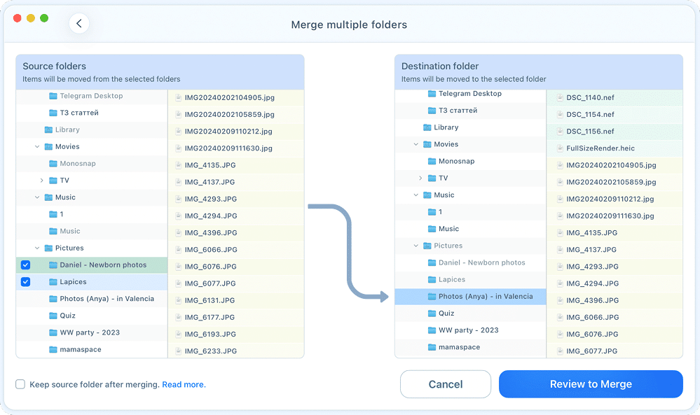 Selecting folders to merge