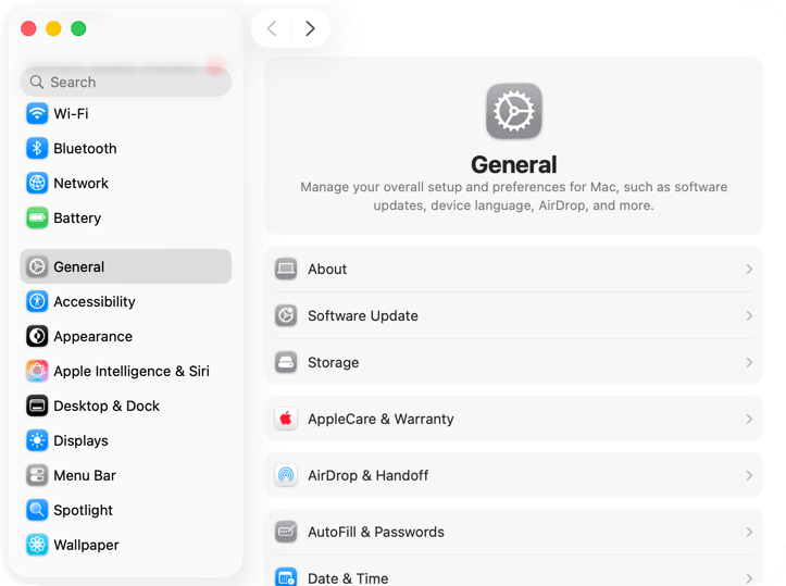 System Settings showing the General section with Storage option