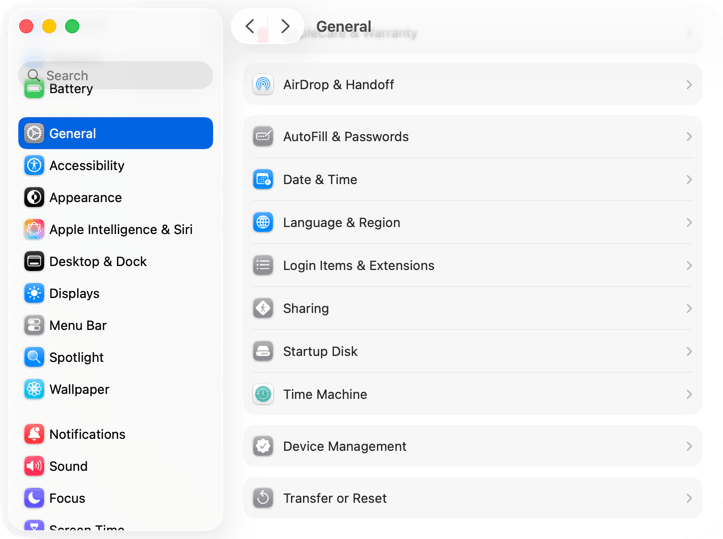 Navigate to Time Machine in System Settings System Settings General section showing Time Machine option