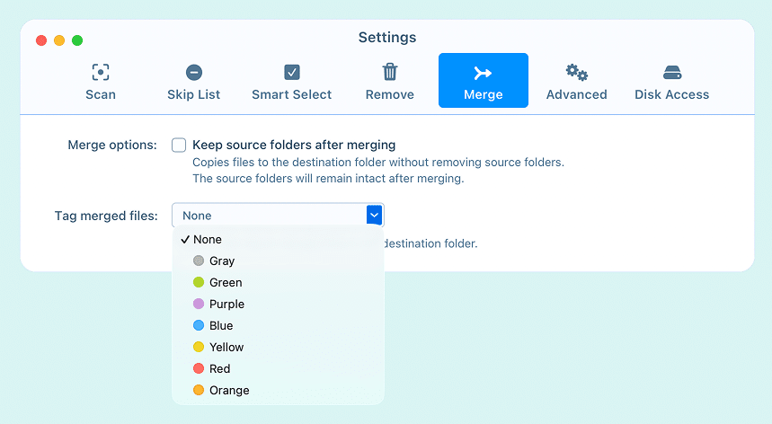 Add a color tag to merged files Duplicate File Finder Settings window showing how to add color tag to merged files