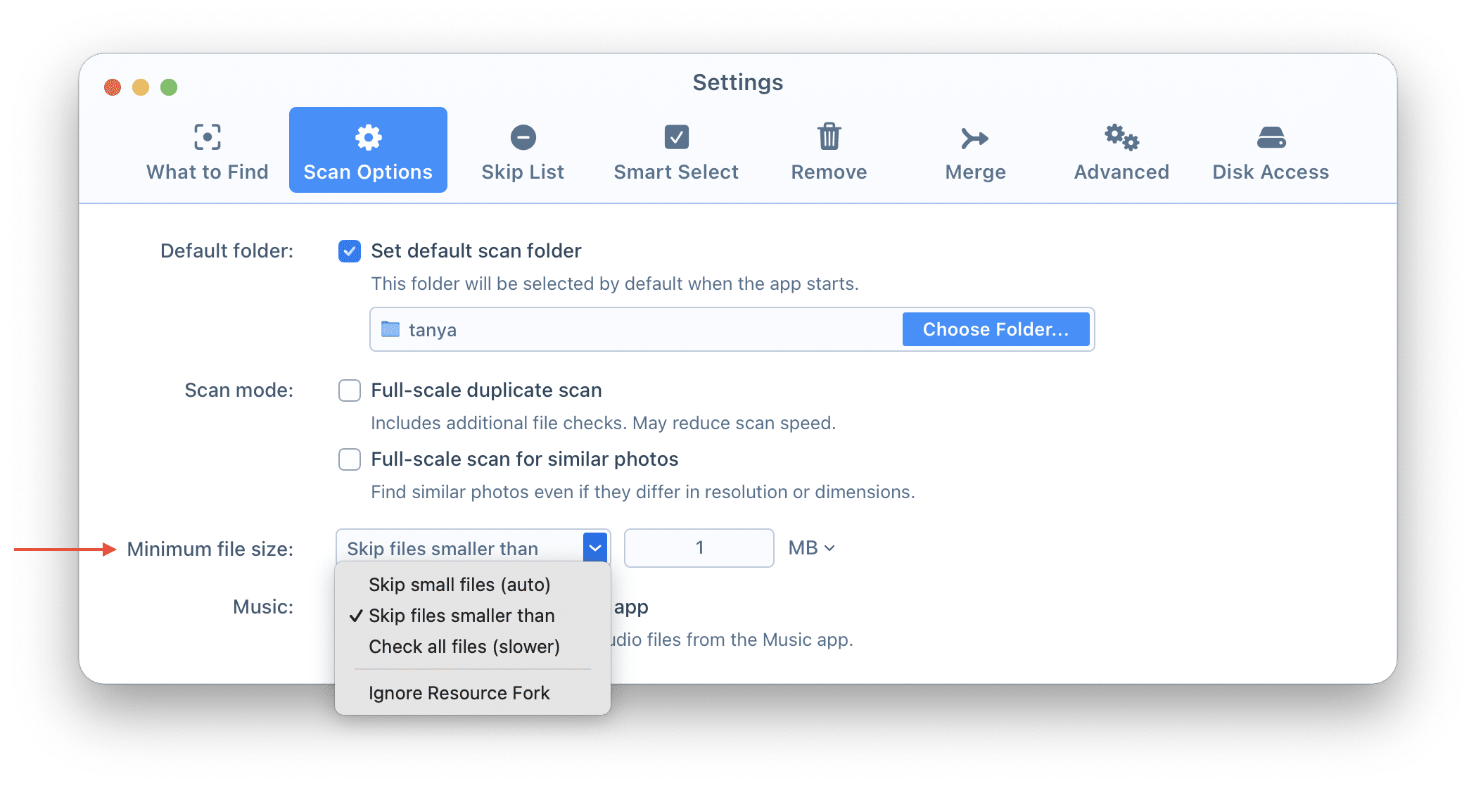 Settings window showing the Skip tab