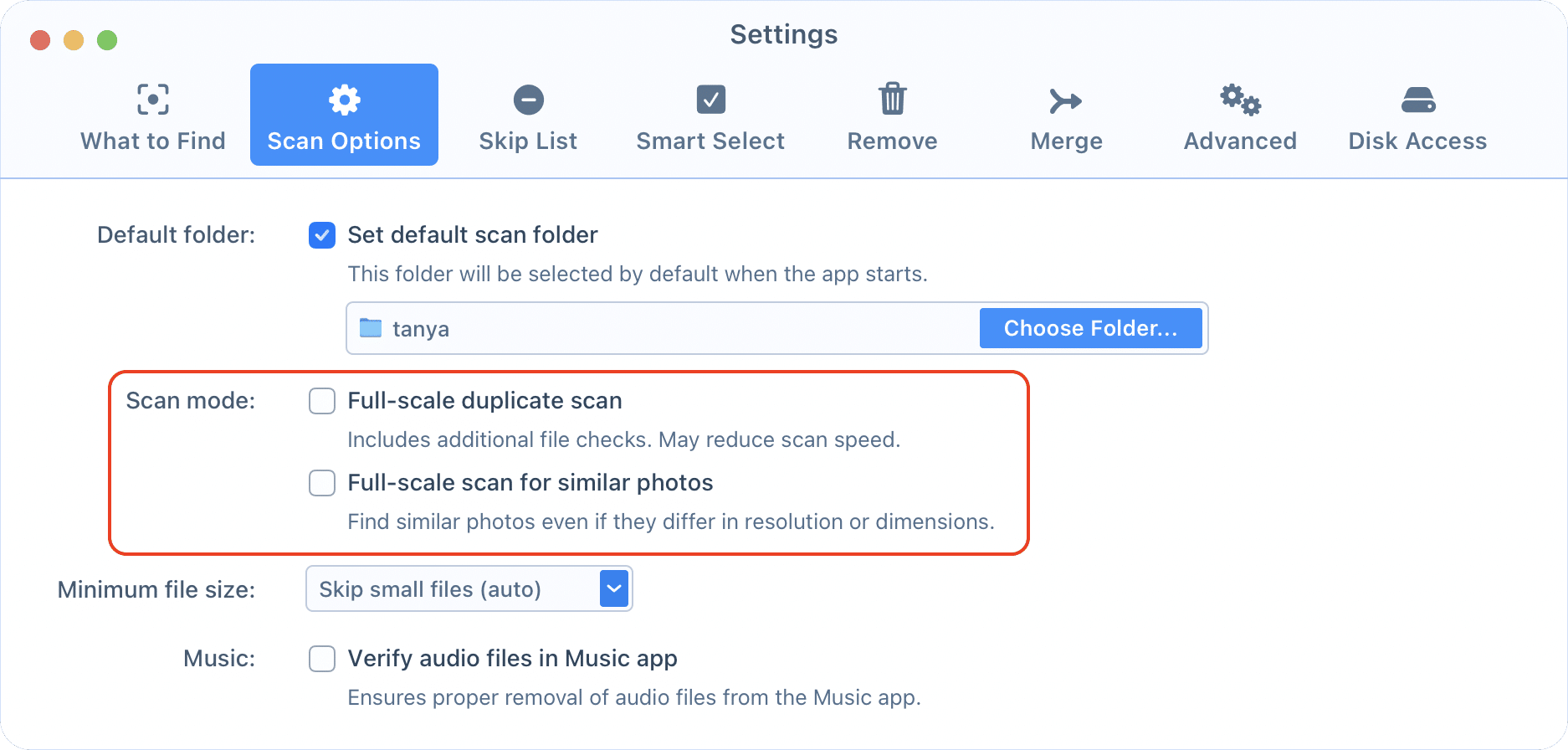 Turn off searching for similar media files Duplicate File Finder settings window