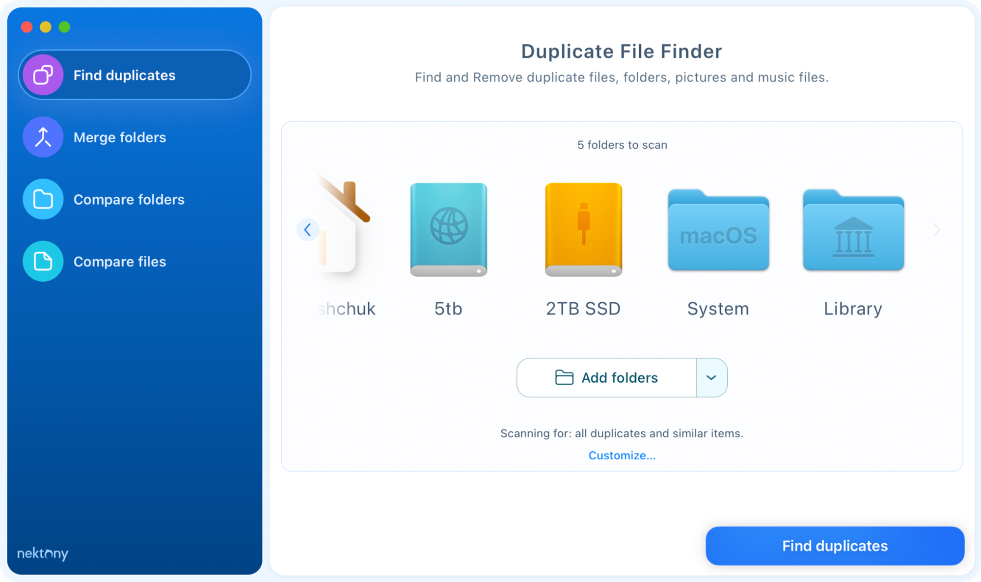 Click Find Duplicates Duplicate File Finder showing folders and disks added for scanning