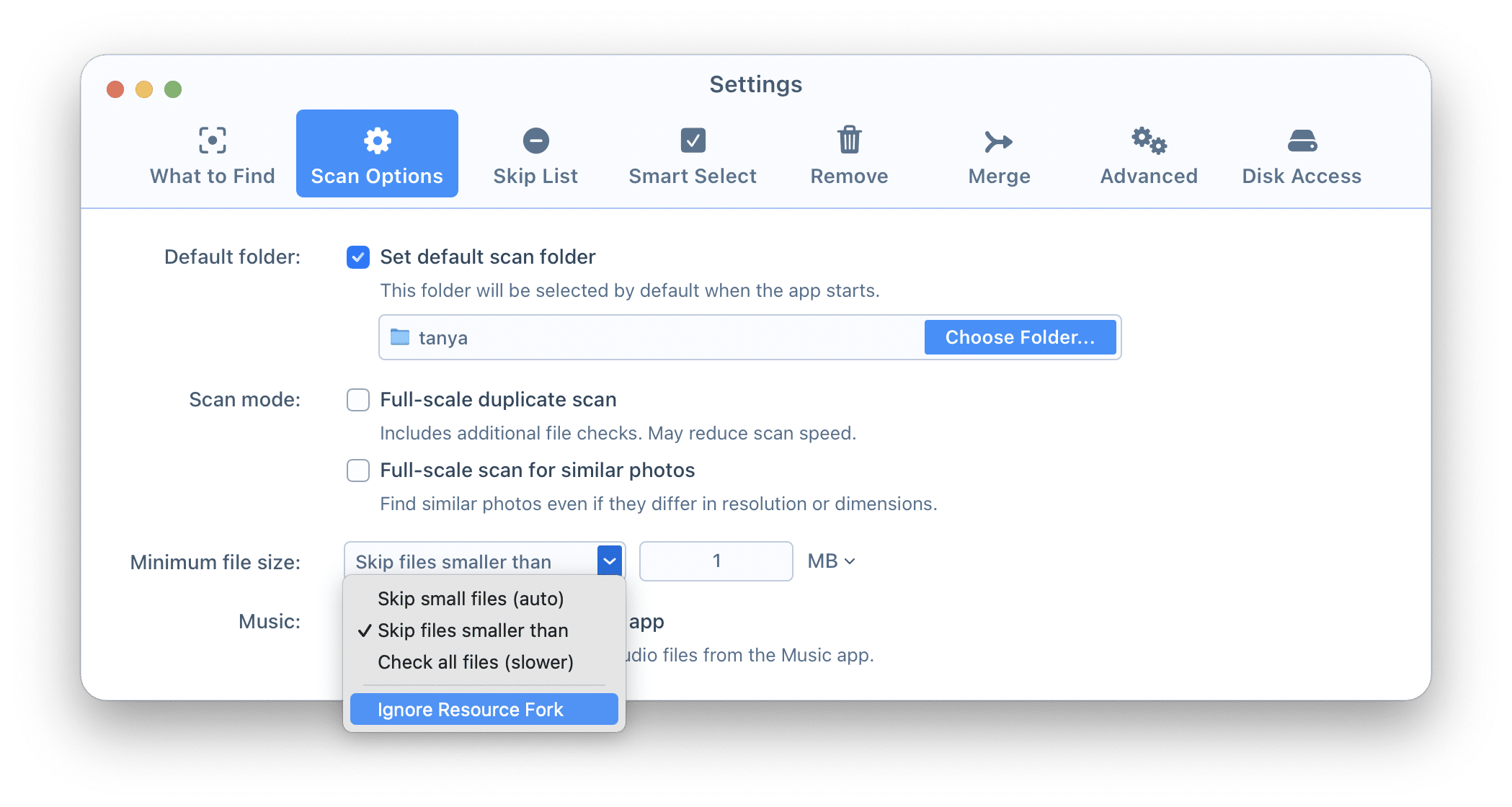 Ignore Resource Fork for duplicate detection Settings window for Duplicate File Finder
