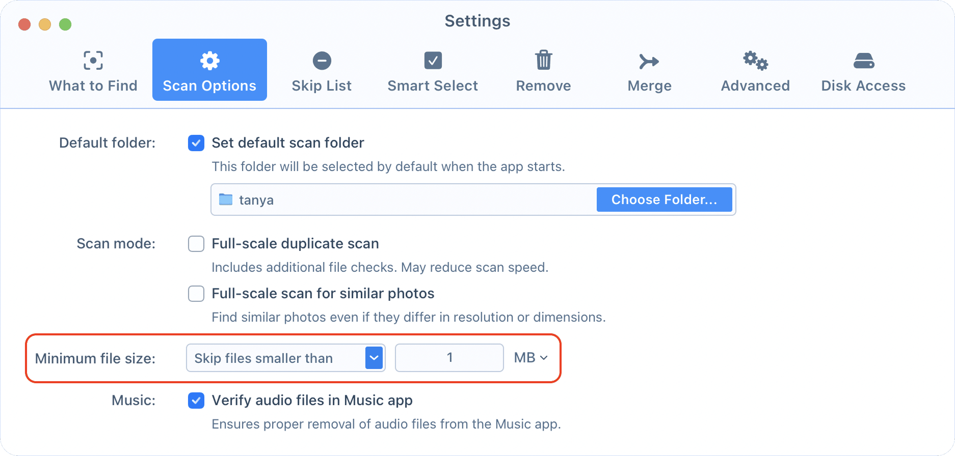 Select Skip files smaller than Duplicate File Finder Settings window showing Scan tab