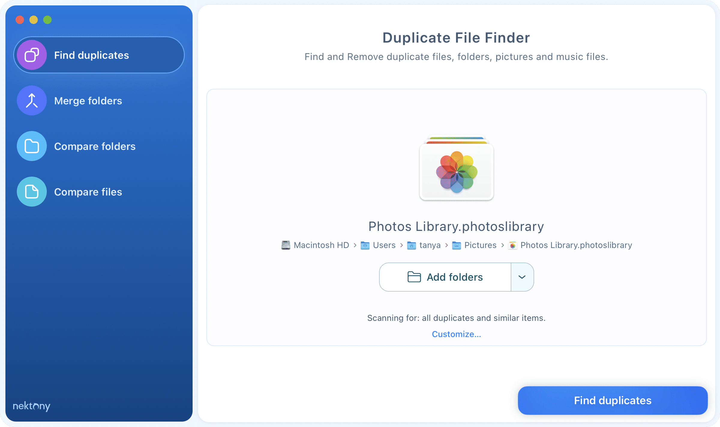 Scan Photos Library for duplicate pictures Duplicate File Finder showing Photos library