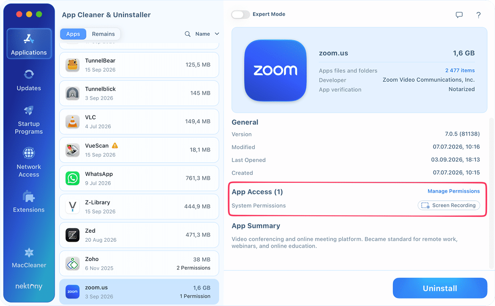 App Access section in App Cleaner & Uninstaller showing the system permissions granted to the selected app