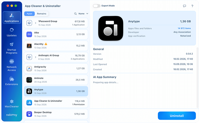 App Cleaner & Uninstaller showing a selected app’s size, developer, verification status and general details