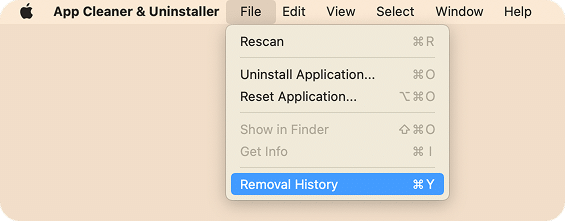 File menu of App Cleaner & Uninstaller with the Removal History command highlighted