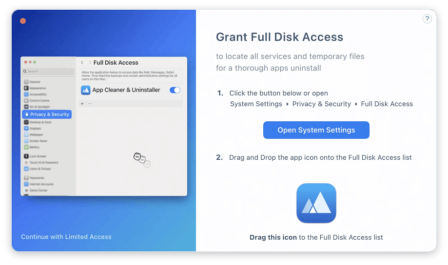 App Cleaner & Uninstaller prompt with steps for granting Full Disk Access and the Open System Settings button