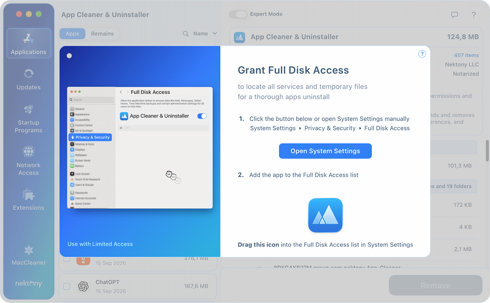 App Cleaner & Uninstaller window asking to grant Full Disk Access, with the Open System Settings button