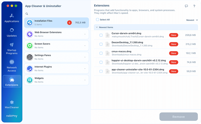 Installation files listed in the Extensions tab of App Cleaner & Uninstaller with their paths and sizes