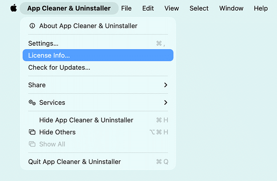 App Cleaner & Uninstaller menu in the macOS menu bar with the License Info command highlighted