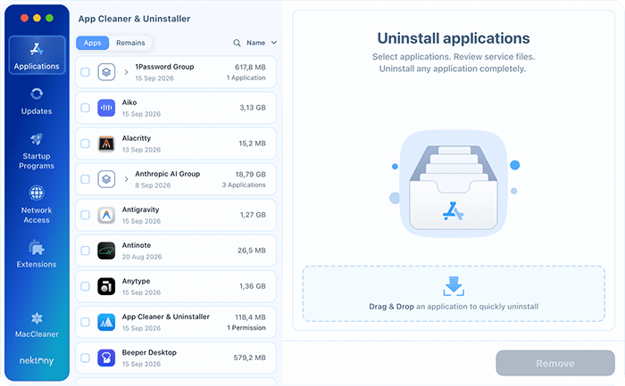 App Cleaner & Uninstaller main window with the Applications tab open and a list of installed apps