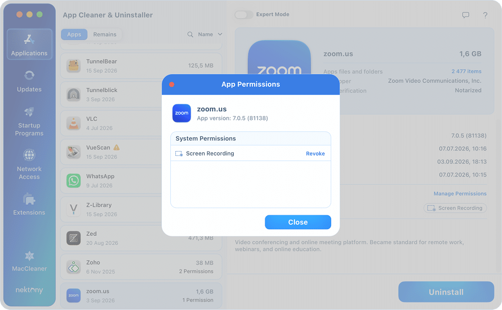 App Permissions window in App Cleaner & Uninstaller with a Revoke button next to a granted permission