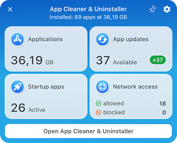 App Cleaner & Uninstaller menu bar agent with Applications, App updates, Startup apps and Network access cards