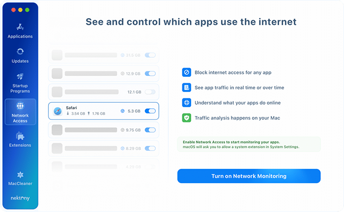 Network Access tab in App Cleaner & Uninstaller with its features and the Turn on Network Monitoring button