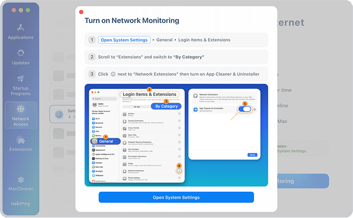 App Cleaner & Uninstaller instructions for turning on its network extension in macOS System Settings