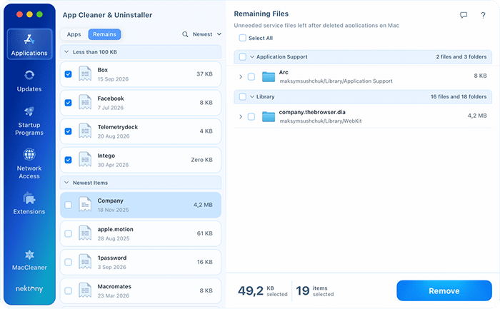 Leftovers of deleted apps selected in the Remains list of App Cleaner & Uninstaller, ready for removal