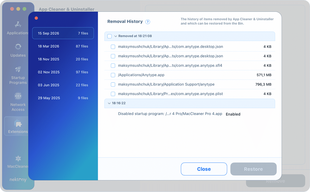 Removal History window in App Cleaner & Uninstaller listing removed apps and files by date