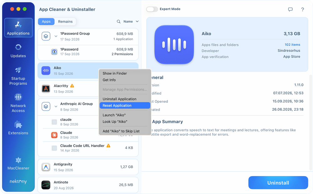 Right-click menu in App Cleaner & Uninstaller with the Reset Application command highlighted