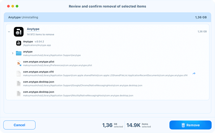 Review and confirm removal window in App Cleaner & Uninstaller listing an app and its service files