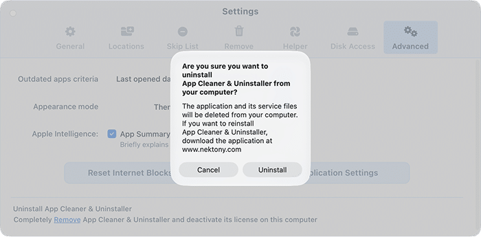 Dialog asking to confirm the uninstallation of App Cleaner & Uninstaller from the Mac