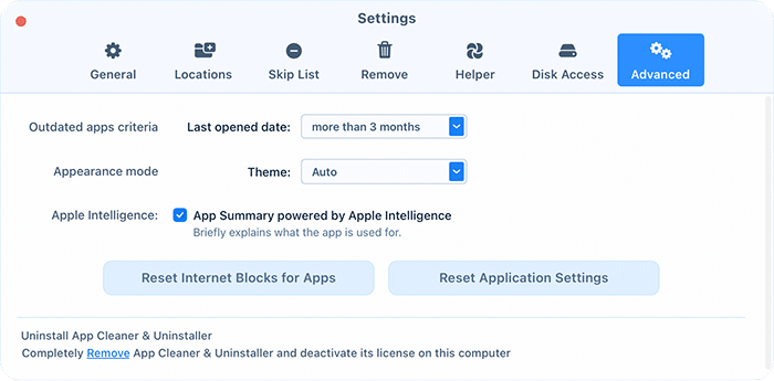 Advanced tab of App Cleaner & Uninstaller settings with detection, appearance, AI and reset options