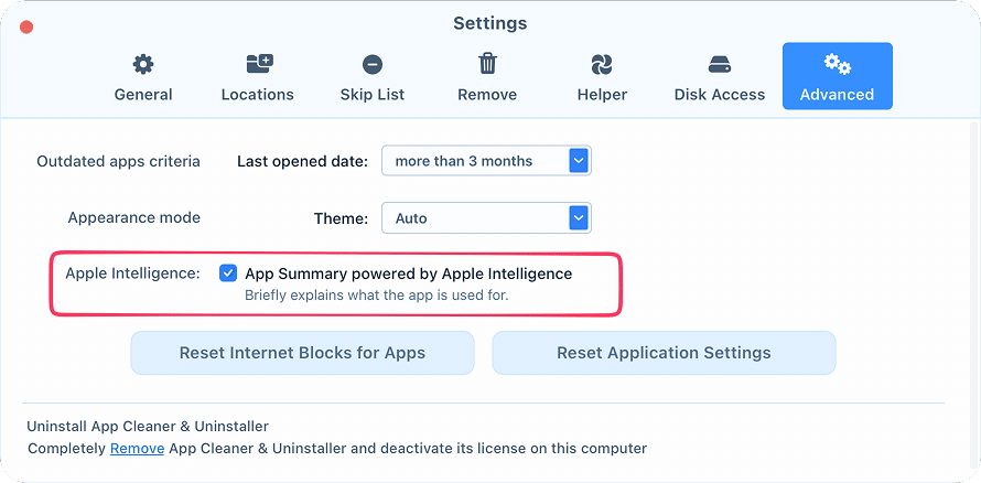 Advanced tab of App Cleaner & Uninstaller settings with the App Summary powered by Apple Intelligence option highlighted
