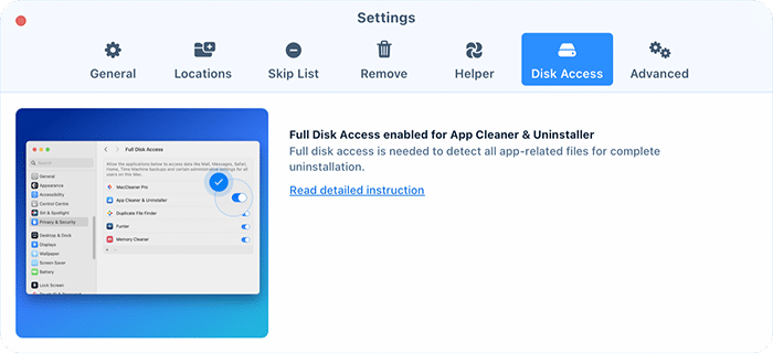 Disk Access tab of App Cleaner & Uninstaller settings confirming that Full Disk Access is enabled