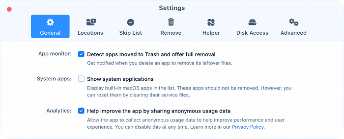 General tab of App Cleaner & Uninstaller settings with app monitor, system apps and analytics options