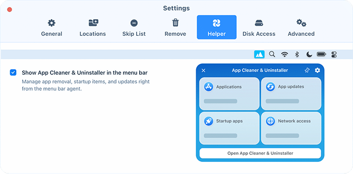 Helper tab of App Cleaner & Uninstaller settings with the menu bar agent turned on and previewed