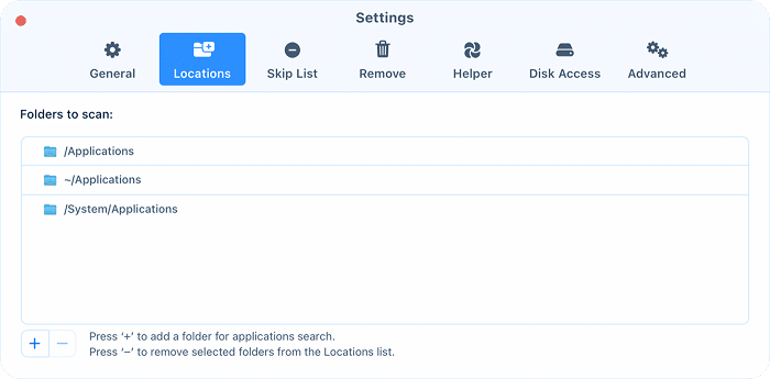 Locations tab of App Cleaner & Uninstaller settings listing the folders scanned for apps